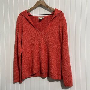 Talbots Shawl Collar Sweater L Burnt Orange Cable Knit VNeck Cotton Blend Preppy